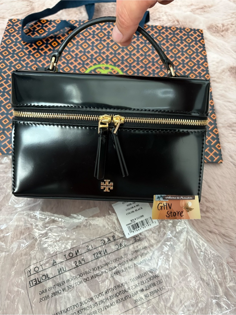 Tory Burch Emerson smooth vanity Black Patent Mini Top-Handle Bag